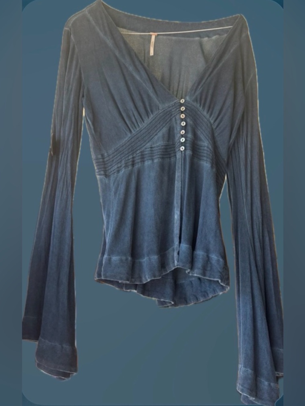 Free People Charcoal Wrap-Front Long Sleeve Blouse with Button Accents